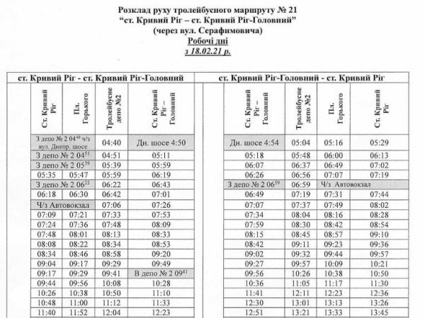 Расписание движения троллейбуса №21 в Кривом Роге | Новости Кривого Рога2