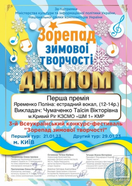 Чотири перші сходинки міжнародних й всеукраїнських фестивалів нещодавно посіли юні криворізькі таланти5