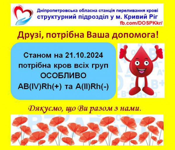 У Криворізькій станції переливання крові просять містян віком від 18 до 60 років стати донорами. Потрібна кров усіх груп, особливо IV+ та II-0