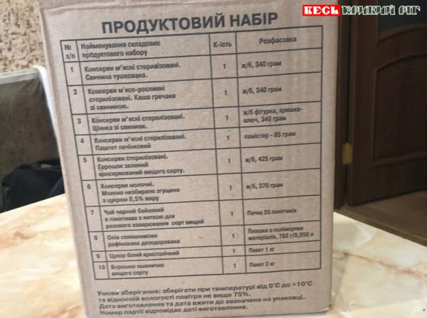 Перелік продуктів проднабору на картонній коробці в Кривому Розі