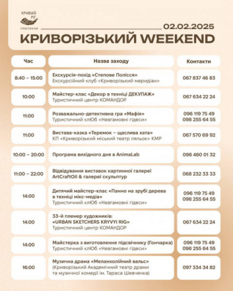 Культурні та розважальні події у Кривому Розі першого вікенду лютого2