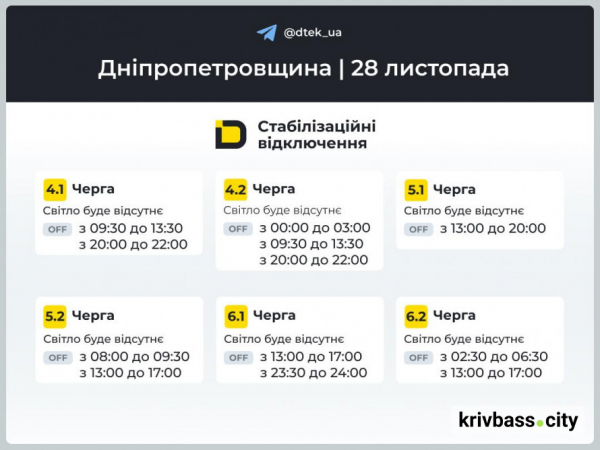28 листопада Кривий Ріг буде без світла: ГРАФІКИ відключень від ДТЕК2