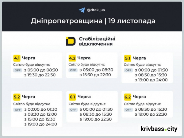 Чи буде світло у Кривому Розі 19 листопада: ОНОВЛЕНІ графіки відключень для міста2