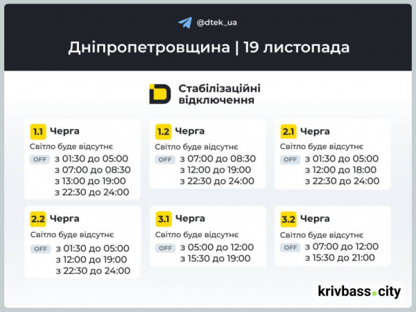 Чи буде світло у Кривому Розі 19 листопада: ОНОВЛЕНІ графіки відключень для міста1