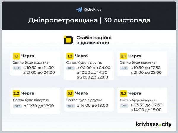 Графіки відключення світла у Кривому Розі 30 листопада: прогнози від енергетиків ДТЕК1