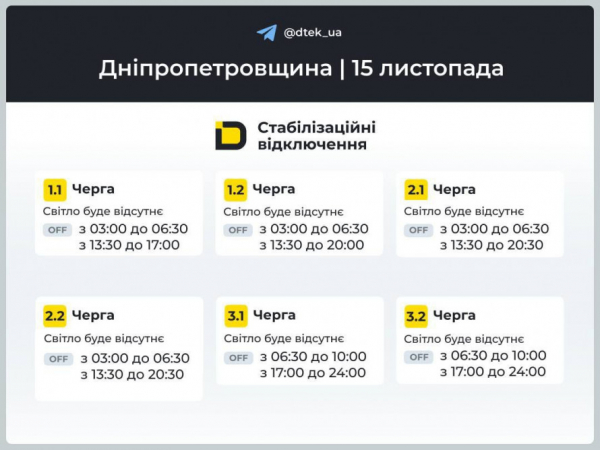 Як відключатимуть світло у Кривому Розі 15 листопада: ГРАФІКИ від ДТЕК2
