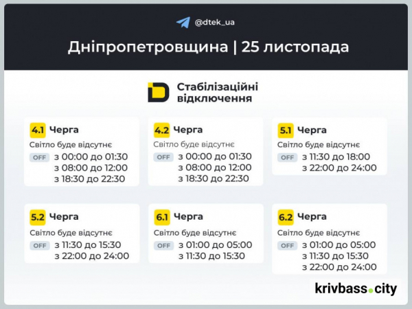 Яка ситуація зі світлом буде 25 листопада у Кривому Розі: ГРАФІКИ від ДТЕК2