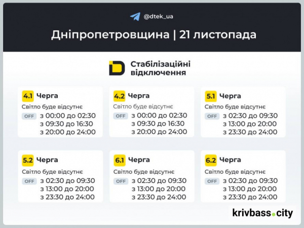 Коли відключатимуть світло у Кривому Розі 21 листопада: ГРАФІКИ від ДТЕК2