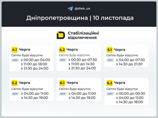 Відключення світла у Кривому Розі 10 листопада: орієнтовні ГРАФІКИ від фахівців ДТЕК3