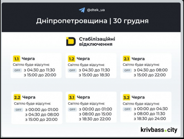 Графіки відключень для Кривого Рогу: чи прогнозують енергетики більше світла 30 грудня1
