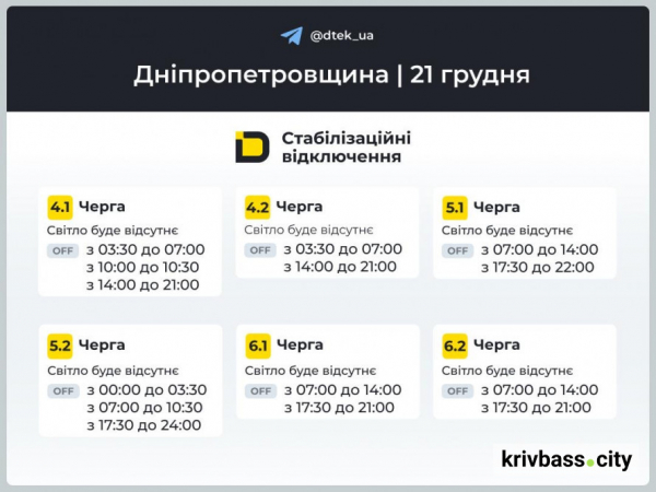 Графіки відключень на 21 грудня для Кривого Рогу: чи збільшиться кількість годин зі світлом2
