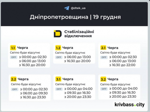 Кривий Ріг без світла 19 грудня: які ГРАФІКИ ВІДКЛЮЧЕНЬ прогнозують енергетики ДТЕК1