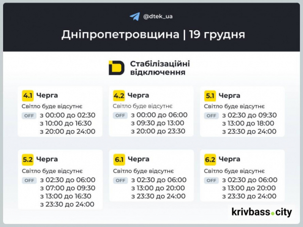 Кривий Ріг без світла 19 грудня: які ГРАФІКИ ВІДКЛЮЧЕНЬ прогнозують енергетики ДТЕК2