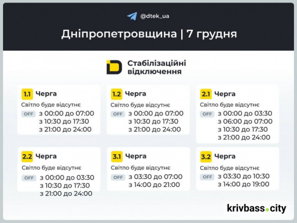 Кривий Ріг без світла 7 грудня: НОВІ графіки відключень від ДТЕК1