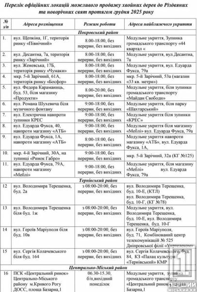 Опубліковано список офіційних ялинкових базарів у Кривому Розі1