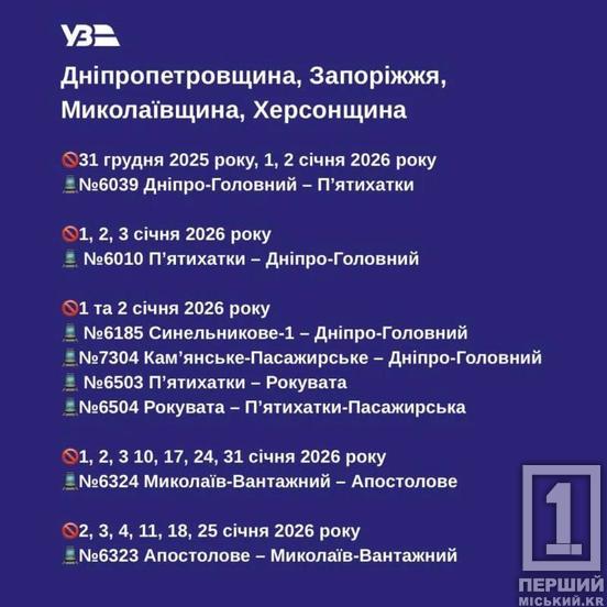 Святкові зміни в розкладі: на початку січня на Дніпропетровщині скасують низку приміських потягів1