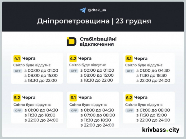 Відключення світла у Кривому Розі 23 грудня: фахівці ДТЕК повідомили, як діятимуть графіки2