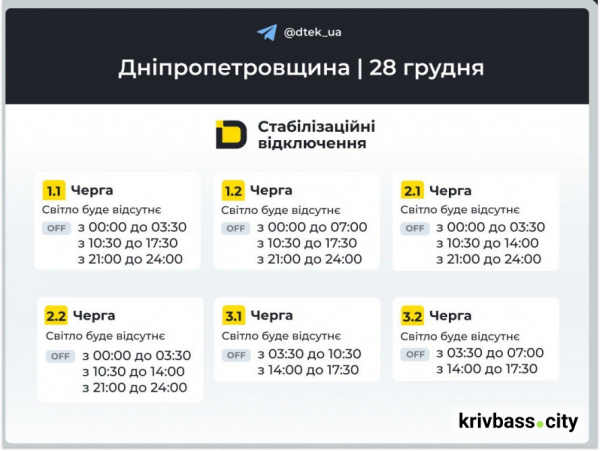 Відключення світла у Кривому Розі: графіки від ДТЕК на 28 грудня 1
