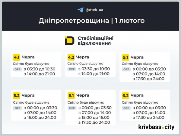 Графіки відключень на 1 лютого у Кривому Розі: коли варто чекати на світло2