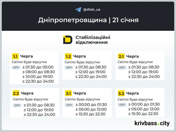 Кривий Ріг без світла 21 січня: ГРАФІКИ ВІДКЛЮЧЕНЬ від фахівців ДТЕК1
