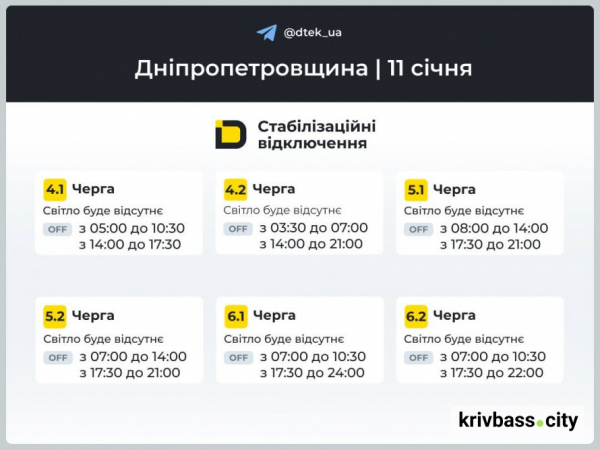 Кривий Ріг без світла: орієнтовні ГРАФІКИ ВІДКЛЮЧЕНЬ від ДТЕК на 11 січня2