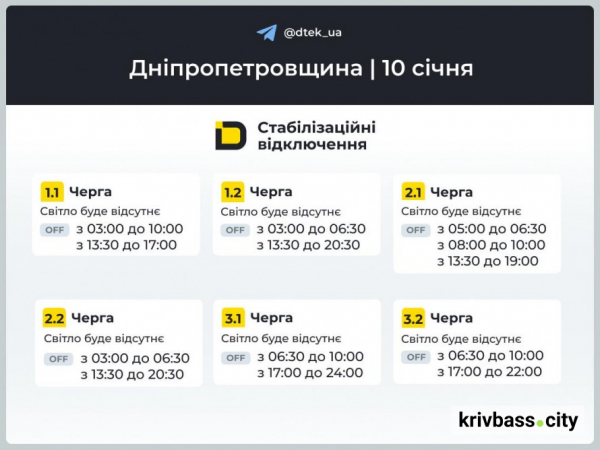 Відключення світла 10 січня у Кривому Розі: графіки від фахівців ДТЕК1