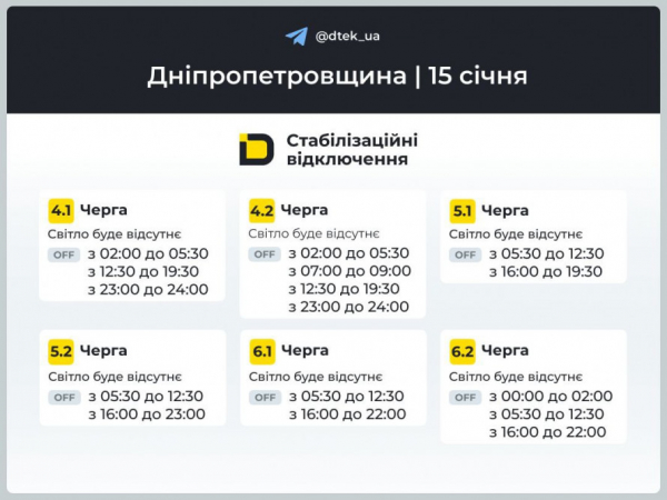 Відключення світла 15 січня у Кривому Розі: ГРАФІКИ від фахівців ДТЕК3