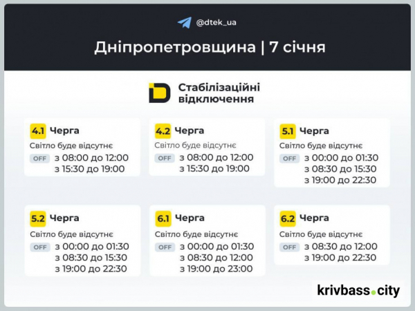 Відключення світла 7 січня у Кривому Розі: які графіки прогнозують ДТЕК2