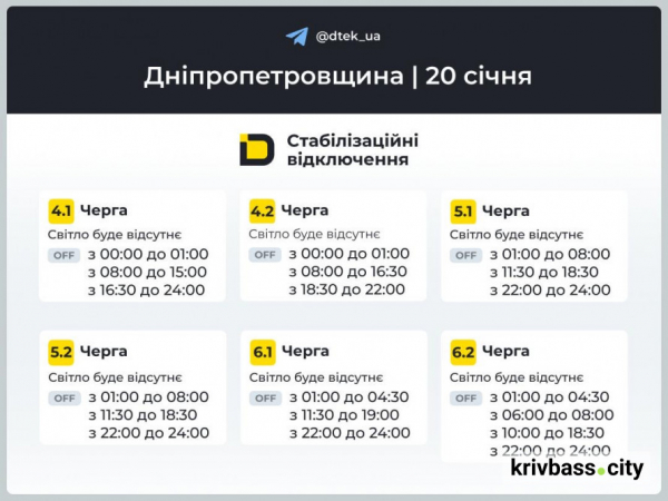 Відключення світла у Кривому Розі 20 січня: які ГРАФІКИ  прогнозують фахівці ДТЕК2
