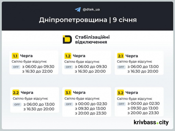 Відключення світла у Кривому Розі 9 січня: чи зміняться ГРАФІКИ від ДТЕК1