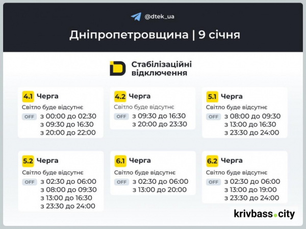 Відключення світла у Кривому Розі 9 січня: чи зміняться ГРАФІКИ від ДТЕК2