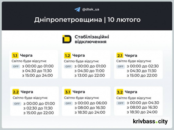 Відключення світла у Кривому Розі 10 лютого: нові ГРАФІКИ від енергетиків1