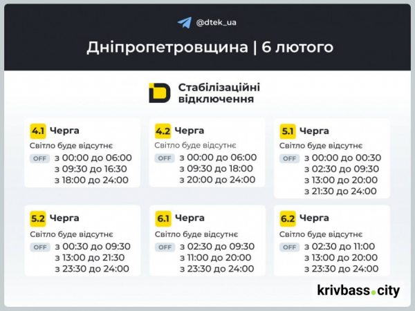 Відключення світла у Кривому Розі 6 лютого: ГРАФІКИ від фахівців ДТЕК2