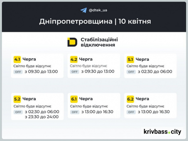 Коли не буде світла 10 квітня у Кривому Розі: ГРАФІКИ відключень від енергетиків