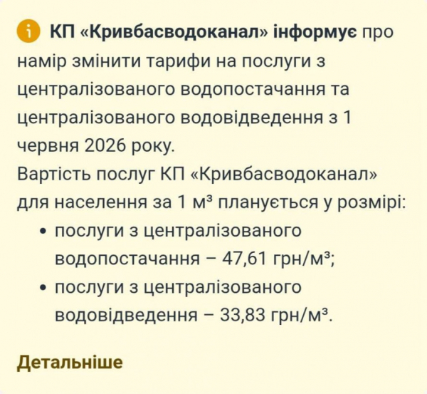 81 грн за куб: у Кривому Розі планують суттєво підняти тариф на воду