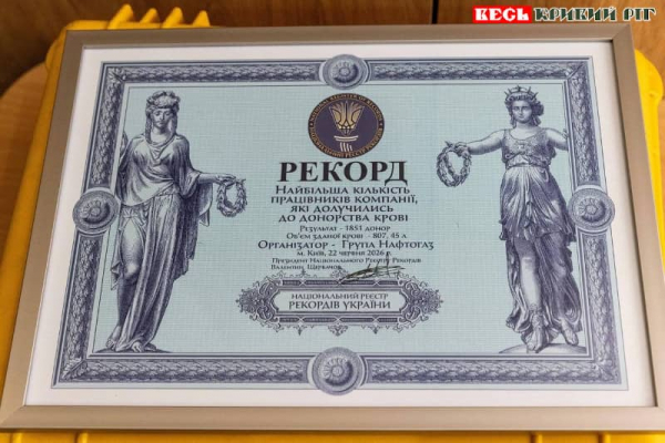 Сертифікат про рекорд України зі здачі крові Групи Нафтогаз